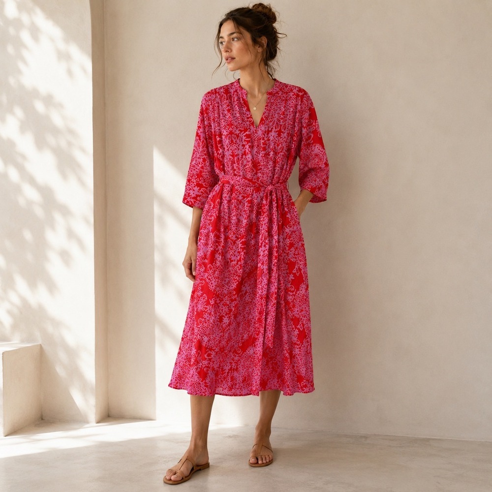 NARLI Midi Dress Women M Germany  Red Pink Floral Tie Caftan Viscose Crepe $225